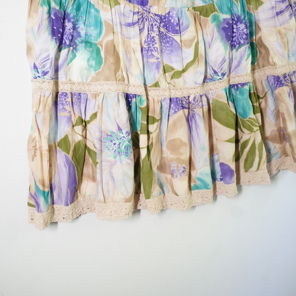 vtg Caribbean Joe Maxi Skirt Womens XL Floral Tiered Lace Trim Cottagecore bEACH - Picture 2 of 6